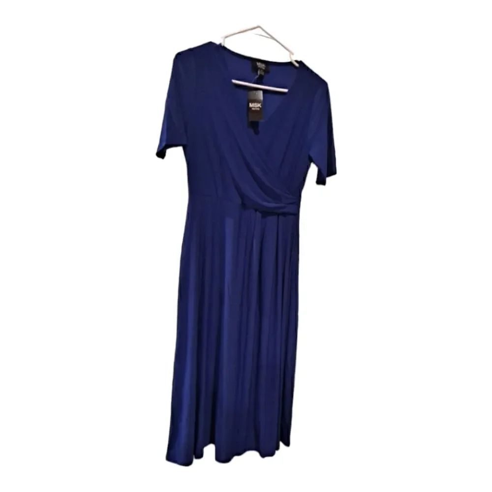 MSK Petites Surplice Midi Dress Blue Petite Small NWT